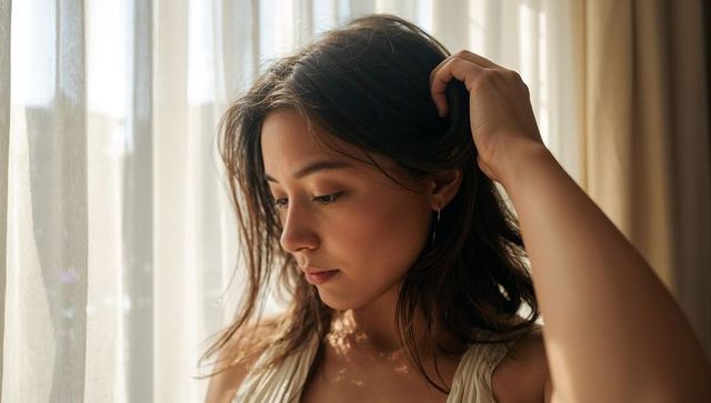 Contemplative woman touching hair by sheer curtain in soft natural window light