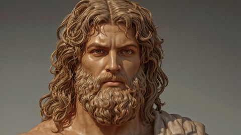 Detailed bust of classical bearded figure zeus in gallery setting