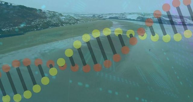 Stylized DNA Helix Floating Over Snowy Beach with Data Overlay