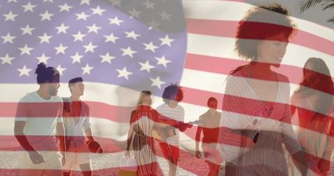 Friends Enjoying Beach Walk under American Flag