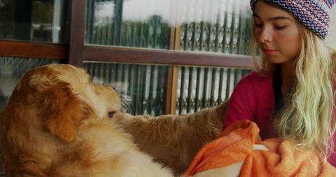 Woman Comforting Golden Retriever with Blanket Outdoors