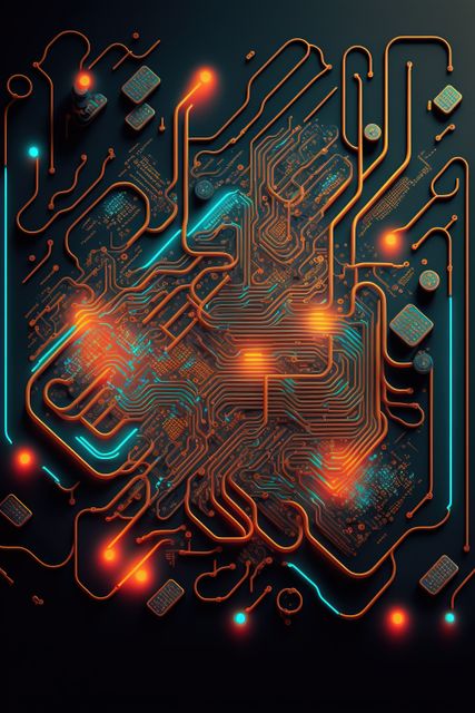 Image of computer circuit board and orange light trails on dark background. Computing and data processing concept created using generative ai technology.