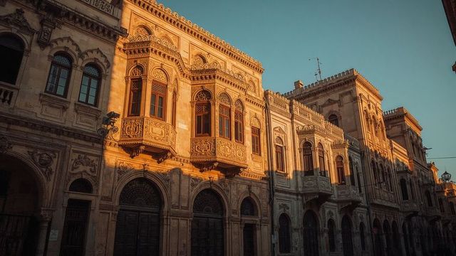 Historic Facade with Ornate Stone Balconies in Warm Light