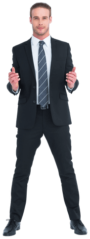 Transparent Businessman in Black Suit Expressing Confidence