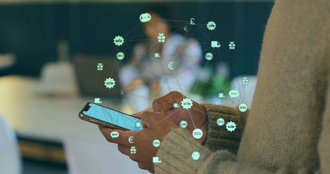 Tapping smartphone with augmented reality commerce overlay showing mobile payment network