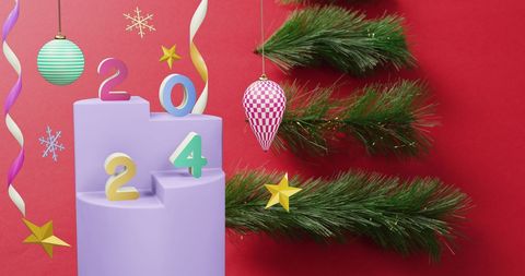 Colorful 2024 festive celebration with christmas decorations