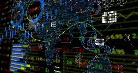 Displaying neon world financial dashboard with global analytics and market indicators