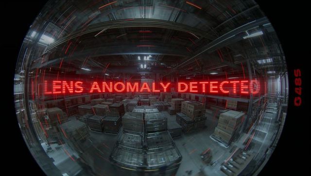 Fisheye surveillance hud warning over industrial warehouse showing lens anomaly alert
