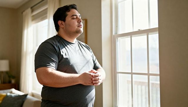 Man practicing mindfulness near sunlit window hands clasped eyes closed home wellness