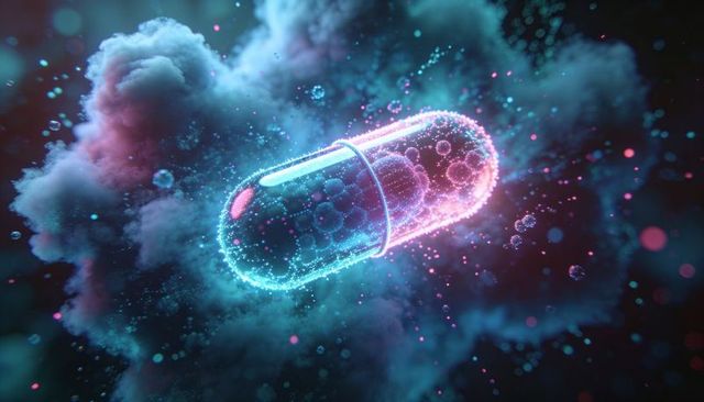 Neon capsule floating in cosmic nebula releasing glowing particles and inner spheres