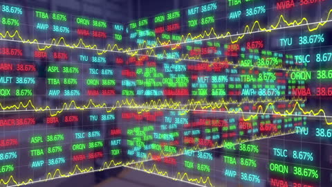 Dynamic Stock Market Display Overlapping Modern Server Room