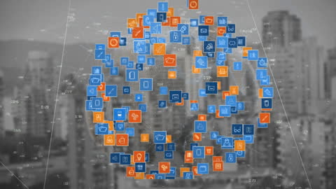 Digital Globe and Network Icons Over Cityscape