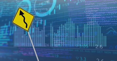 financial data overlay with curved road sign indicating risks - Download Free Stock Images Pikwizard.com