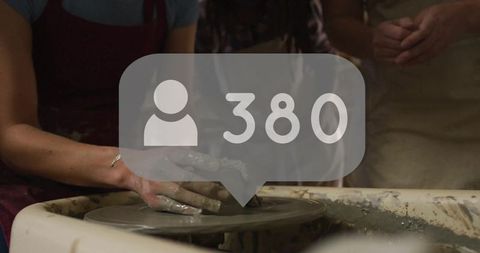 Pottery workshop with social media engagement icon at artisanship class