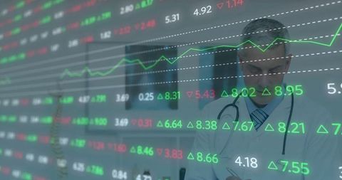 Doctor with Stock Market Data Overlaying Health and Finance Elements