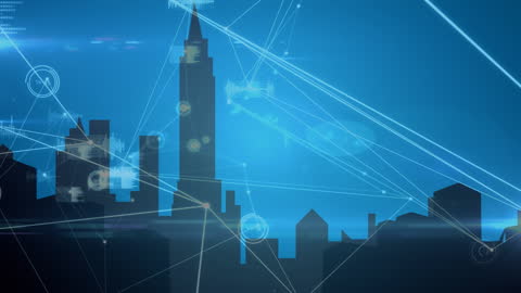 Futuristic City with Digital Network Overlays and Data Transfers