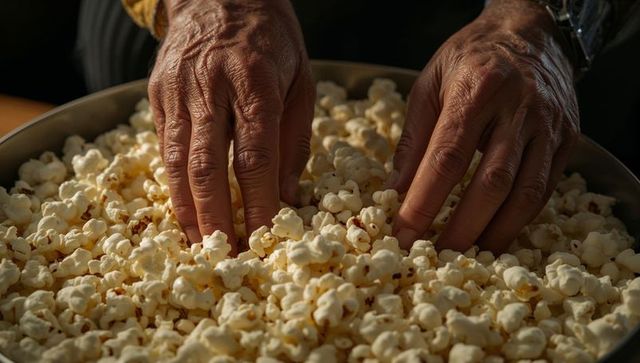 Senior hands sifting through popcorn in metal bowl closeup showing wrinkles and texture