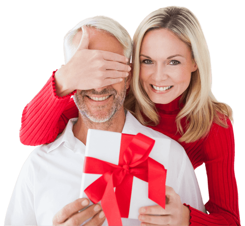 Joyful Couple Celebrating with Gift on Transparent Background