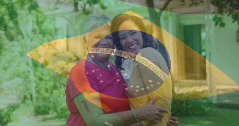 Mother and Daughter Embracing Under Brazilian Flag Overlay