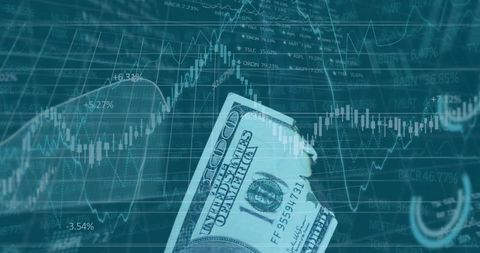 Financial markets volatility with dollar bill and data charts
