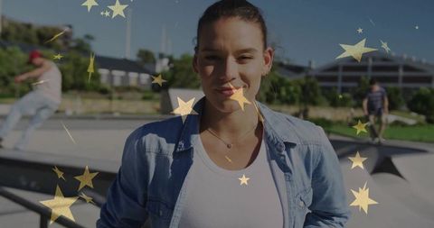 Confident Woman in Skatepark with Gold Stars Overlay