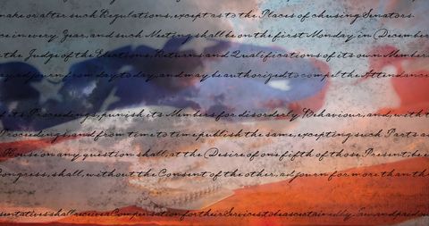 United States Constitution with Flag and Cloudy Sky Overlay