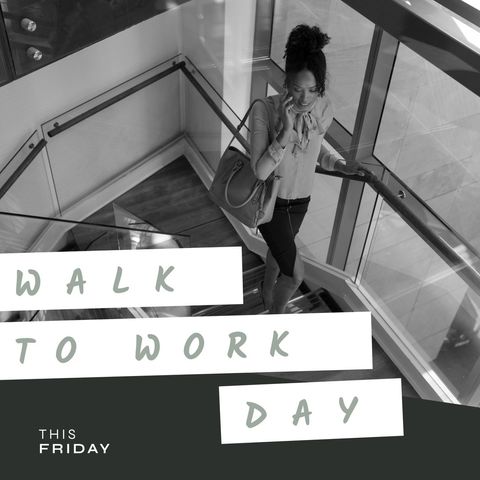 businesswoman celebrating walk to work day on modern staircase - Download Free Stock Templates Pikwizard.com