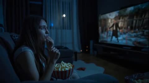 Woman Relaxing at Night Watching TV with Popcorn in Hand