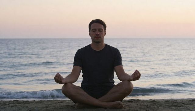 Adult man meditating on beach at sunrise in lotus pose for mindfulness and relaxation