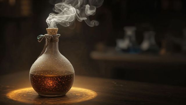 Mysterious Smoking Elixir in Vintage Chemical Flask