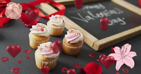 Valentine cupcakes with pink swirl frosting, heart confetti and chalkboard love message