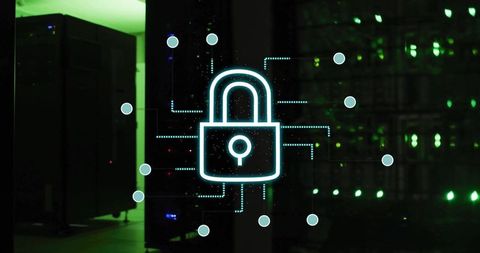 Neon lock icon protecting data center network with server rack reflection