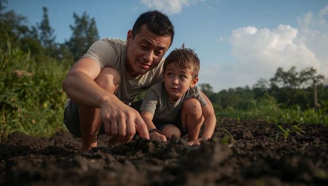 Father and son exploring soil in backyard garden teaching planting, growth, family bonding