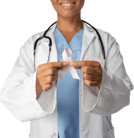 Smiling female doctor holding pink ribbon for breast cancer awareness