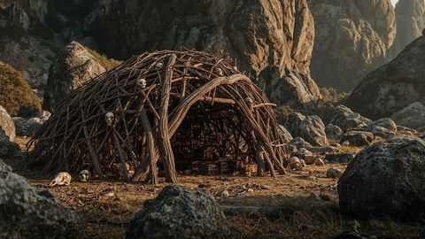 Rustic tribal hut with skulls in mystical mountain setting