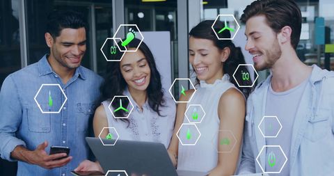 Diverse team embracing digital ecology concepts collaboratively