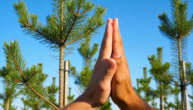 Hands joining over pine saplings symbolizing tree planting, teamwork, environmental growth