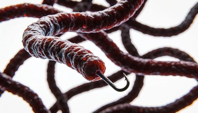 Gleaming hooked bait strand coiling on white backlit backdrop macro closeup of glossy lure