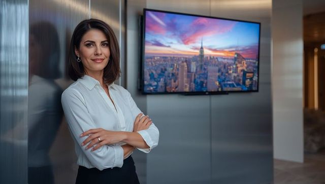Confident Businesswoman in Modern Office with City Skyline Display