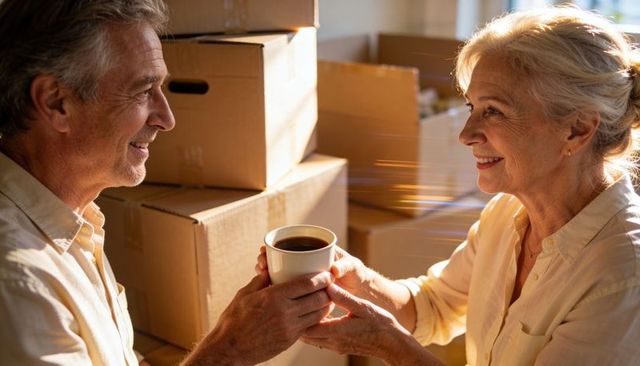 Senior couple sharing coffee amid moving boxes, sunlit morning warmth and companionship