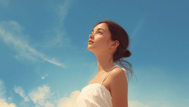 Gazing teen girl wearing white sundress under sunlit blue sky with clouds
