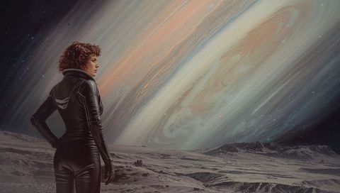 Gazing space explorer on cratered plain overlooking towering ringed gas giant