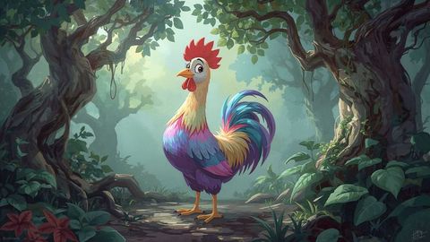 Vivid cartoon chicken standing in enchanted forest glade