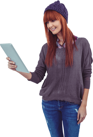 Hipster Woman Smiling Using Tablet on Transparent Background