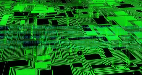 Glowing neon circuit traces forming virtual motherboard with falling binary streams