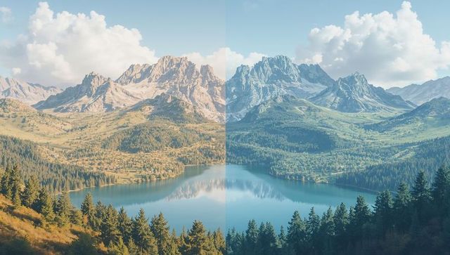 Majestic mountain lake with dual tone panorama reflecting serenity