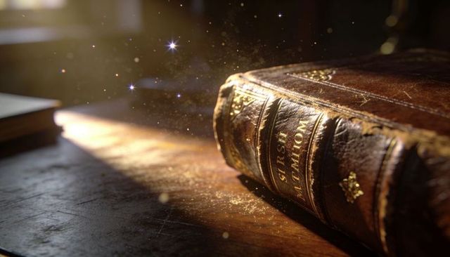 Sunlit antique leather book with gold gilded spine and dust motes on wooden desk near window