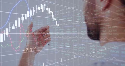 Trader Analyzing Transparent Market Dashboard With Candlestick Chart Showing +2.1% Growth
