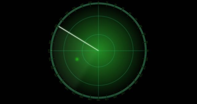 Rotating green radar screen actively detecting objects on a black background. Bright spots on the radar indicate detected targets. Useful for illustrating concepts of surveillance, tracking, navigation, search detection systems. Relevant for military, aviation, maritime, and technological contexts.