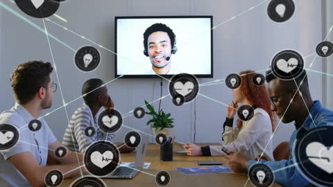 Diverse Colleagues Engaging in Virtual Business Meeting with Network Animation